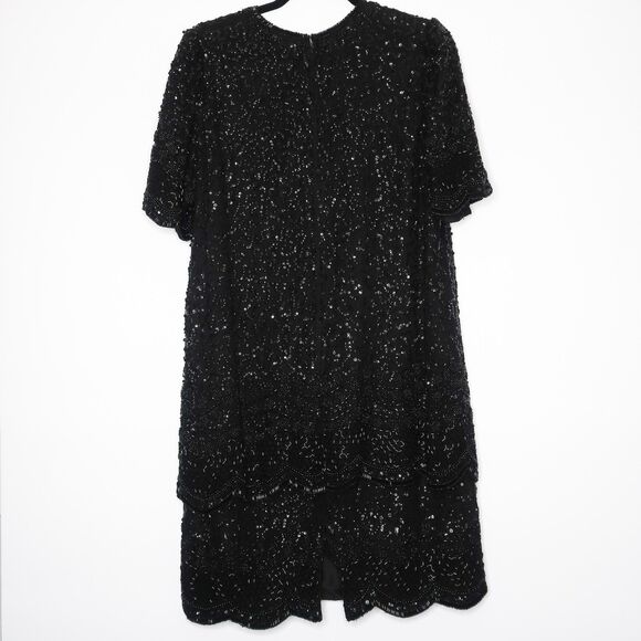 Brilliante by J.A. VINTAGE Dress Size Large 100% Silk Black Shift Sequins Beads - Picture 2 of 10